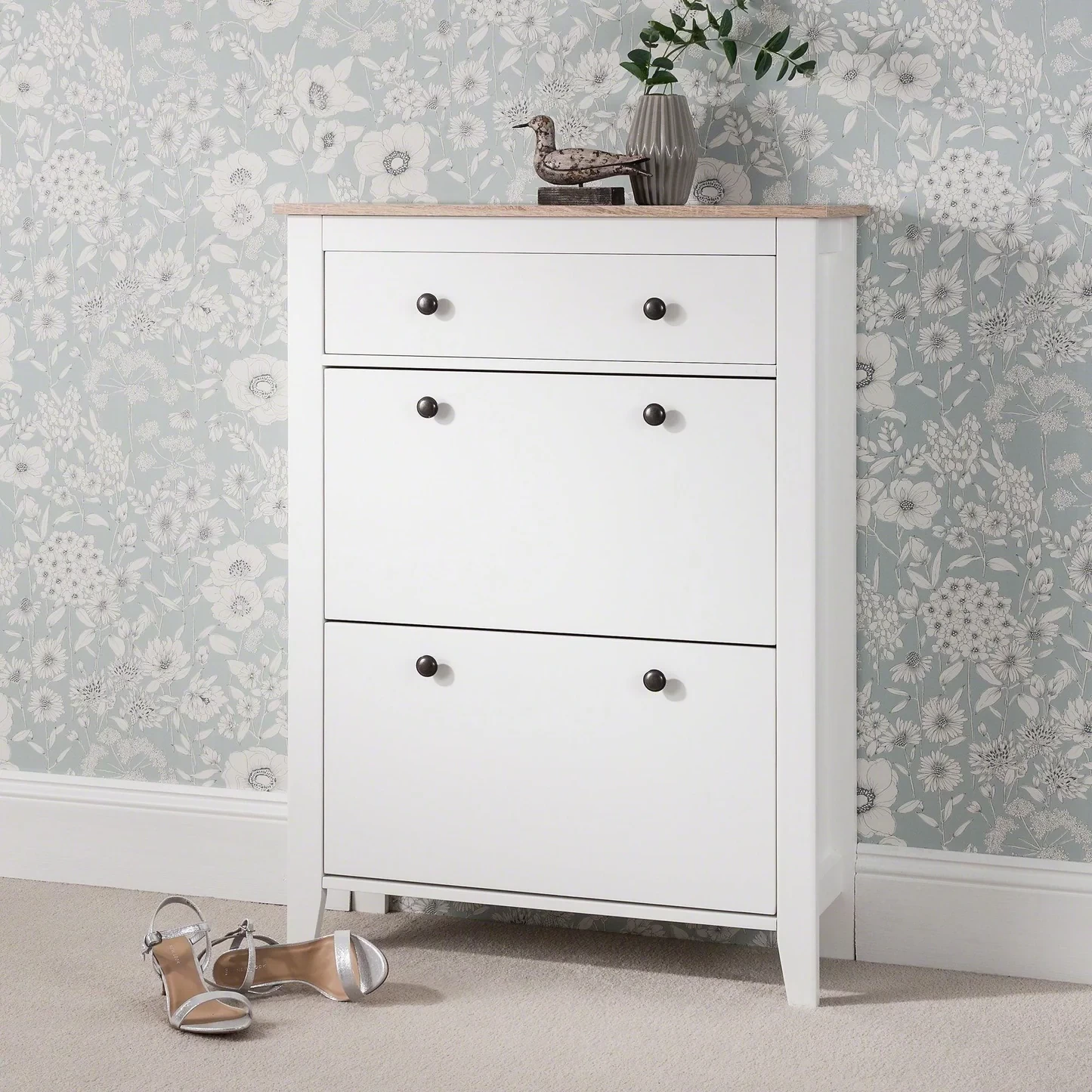 Sandhurst Shoe Cabinet - 3 Door - White & Oak Effect